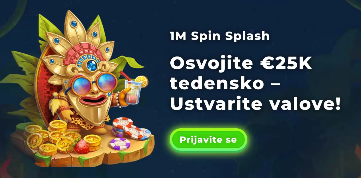 Promocija 1M Spin Splash – osvoji 25.000 € tedensko z Wazamba maskoto in zlatimi kovanci ter žetoni.